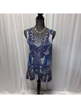 World Unity Sleeveless Womens Tunic Top Small Blue Paisley With Lace Back Design